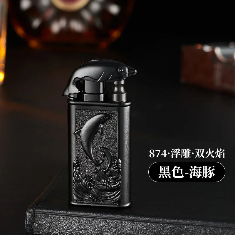 Creative Embossed Shenlong Double Fire Gas Lighter Metal, Flame Spray Tool, Cigarette Lighter, Trendy and Fashionable Men,