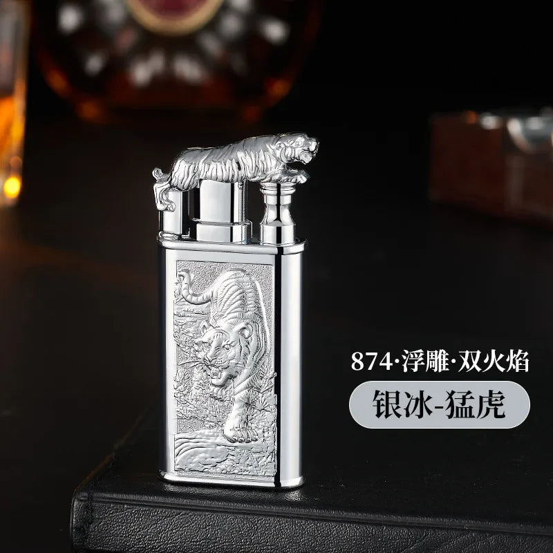 Creative Embossed Shenlong Double Fire Gas Lighter Metal, Flame Spray Tool, Cigarette Lighter, Trendy and Fashionable Men,
