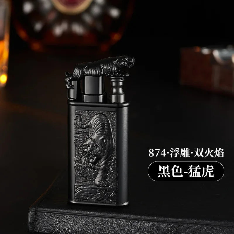 Creative Embossed Shenlong Double Fire Gas Lighter Metal, Flame Spray Tool, Cigarette Lighter, Trendy and Fashionable Men,