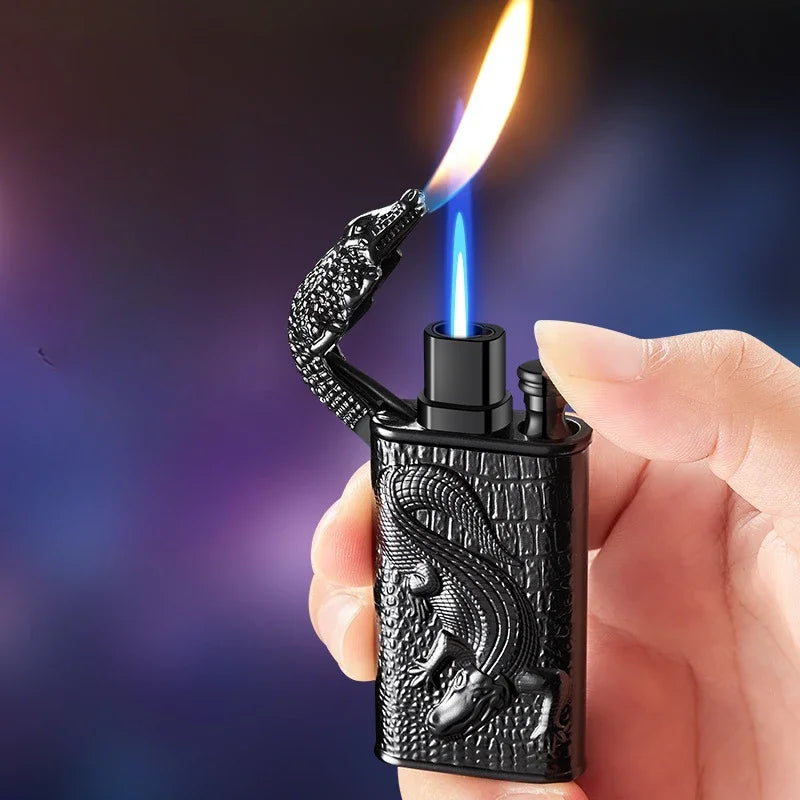 Creative Embossed Shenlong Double Fire Gas Lighter Metal, Flame Spray Tool, Cigarette Lighter, Trendy and Fashionable Men,
