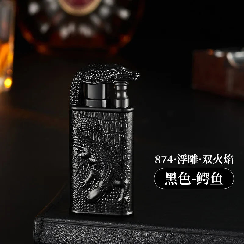 Creative Embossed Shenlong Double Fire Gas Lighter Metal, Flame Spray Tool, Cigarette Lighter, Trendy and Fashionable Men,