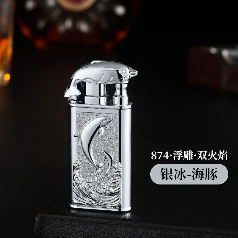 Creative Embossed Shenlong Double Fire Gas Lighter Metal, Flame Spray Tool, Cigarette Lighter, Trendy and Fashionable Men,