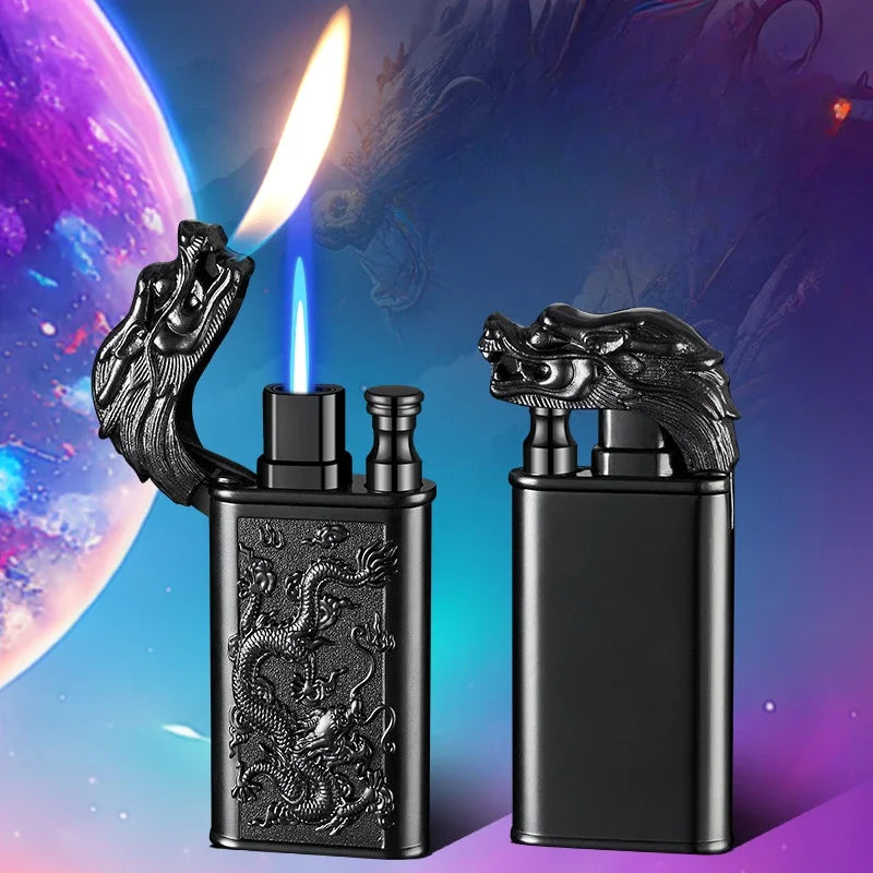 Creative Embossed Shenlong Double Fire Gas Lighter Metal, Flame Spray Tool, Cigarette Lighter, Trendy and Fashionable Men,