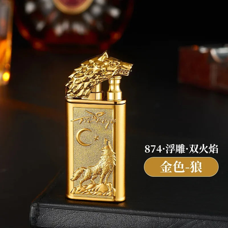 Creative Embossed Shenlong Double Fire Gas Lighter Metal, Flame Spray Tool, Cigarette Lighter, Trendy and Fashionable Men,