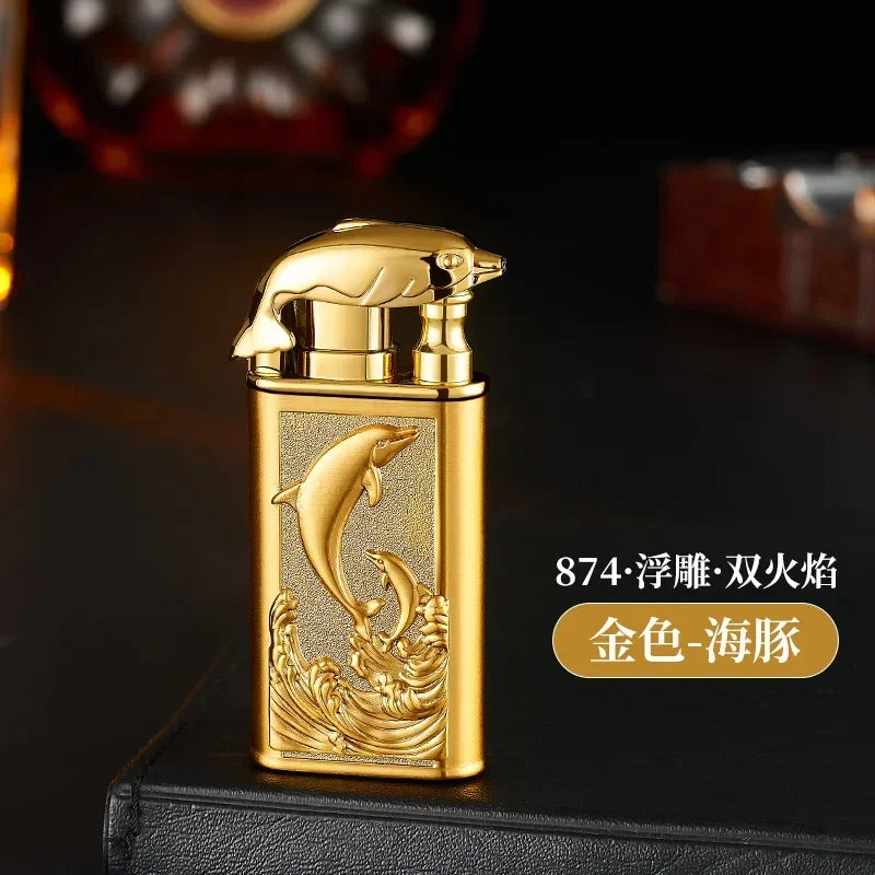 Creative Embossed Shenlong Double Fire Gas Lighter Metal, Flame Spray Tool, Cigarette Lighter, Trendy and Fashionable Men,