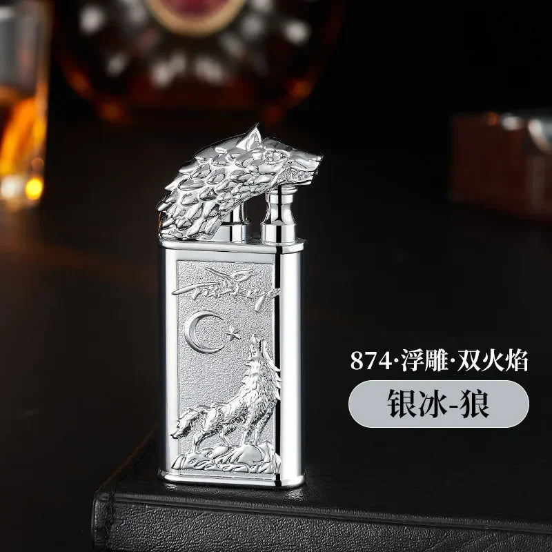 Creative Embossed Shenlong Double Fire Gas Lighter Metal, Flame Spray Tool, Cigarette Lighter, Trendy and Fashionable Men,