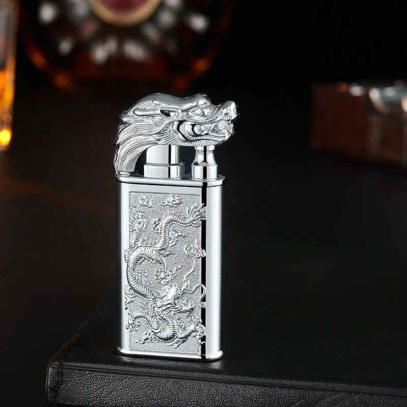 Creative Embossed Shenlong Double Fire Gas Lighter Metal, Flame Spray Tool, Cigarette Lighter, Trendy and Fashionable Men,
