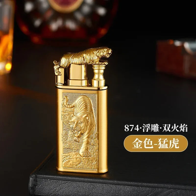Creative Embossed Shenlong Double Fire Gas Lighter Metal, Flame Spray Tool, Cigarette Lighter, Trendy and Fashionable Men,