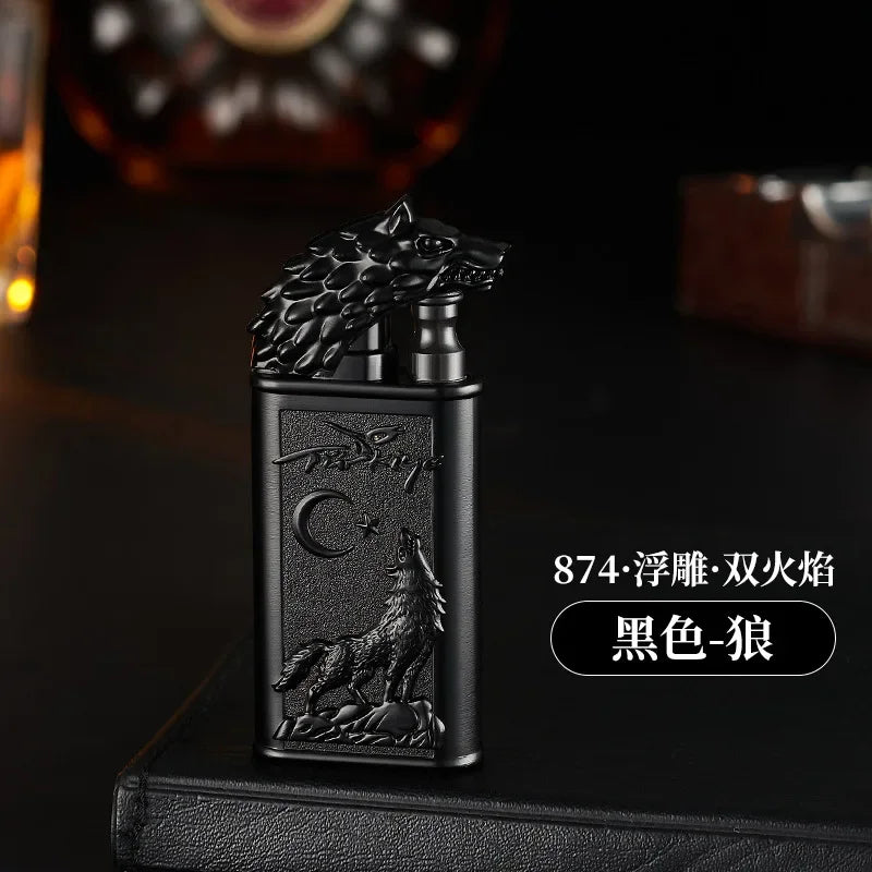 Creative Embossed Shenlong Double Fire Gas Lighter Metal, Flame Spray Tool, Cigarette Lighter, Trendy and Fashionable Men,