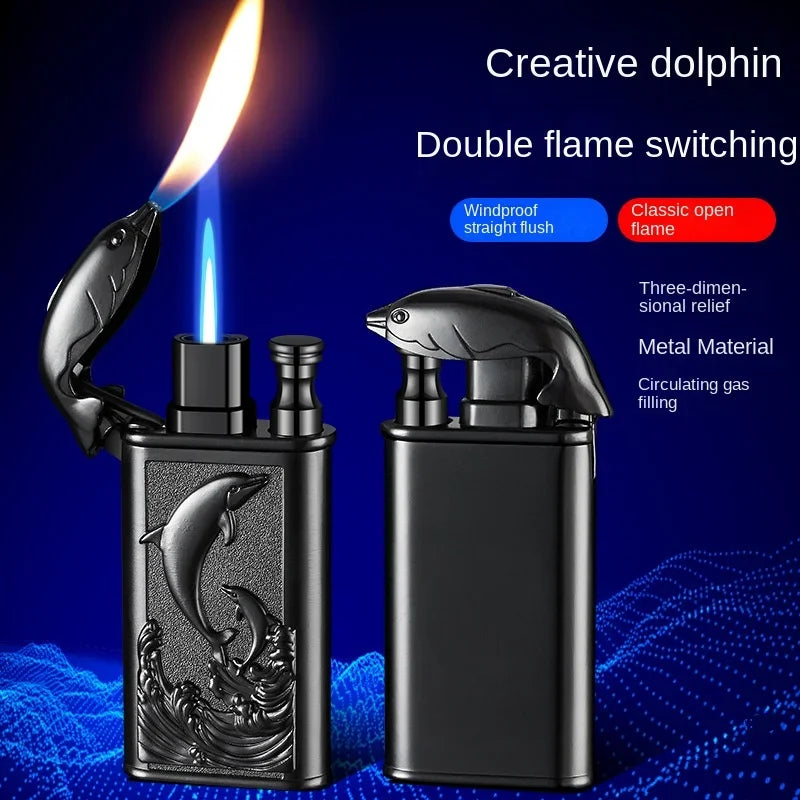 Creative Embossed Shenlong Double Fire Gas Lighter Metal, Flame Spray Tool, Cigarette Lighter, Trendy and Fashionable Men,