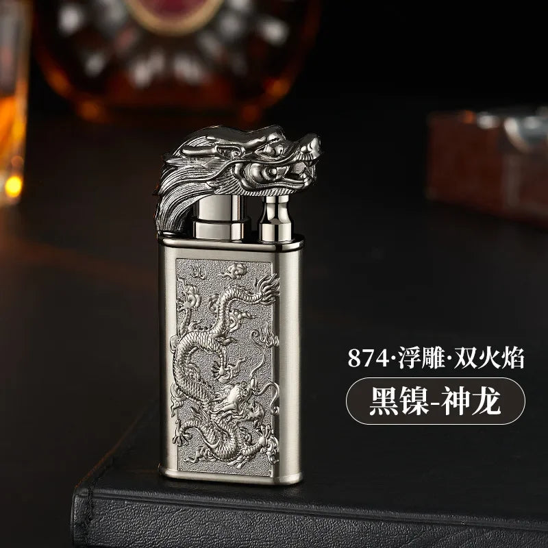 Creative Embossed Shenlong Double Fire Gas Lighter Metal, Flame Spray Tool, Cigarette Lighter, Trendy and Fashionable Men,