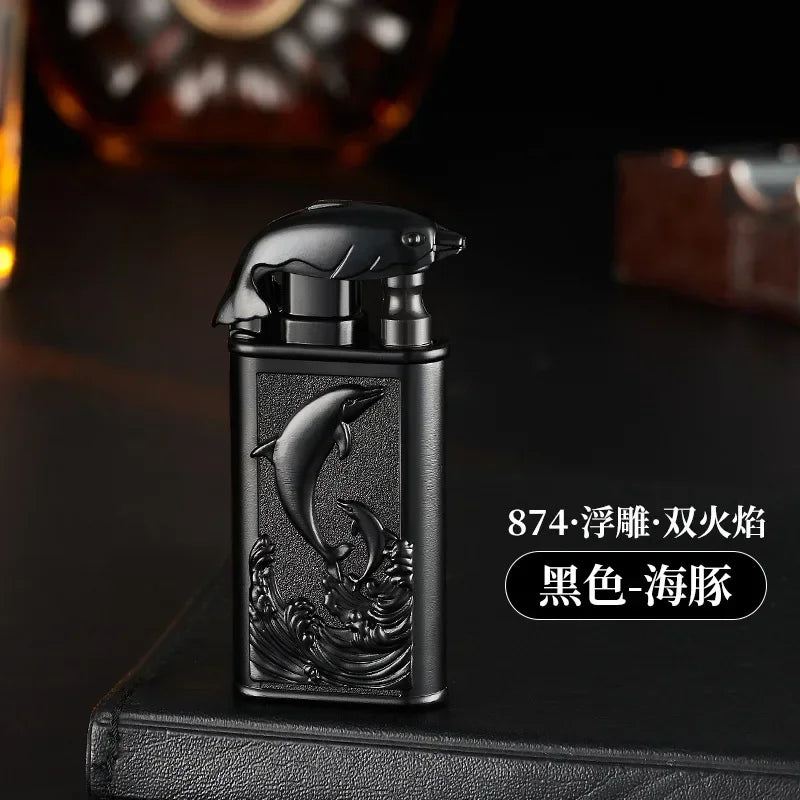 Creative Embossed Shenlong Double Fire Gas Lighter Metal, Flame Spray Tool, Cigarette Lighter, Trendy and Fashionable Men,