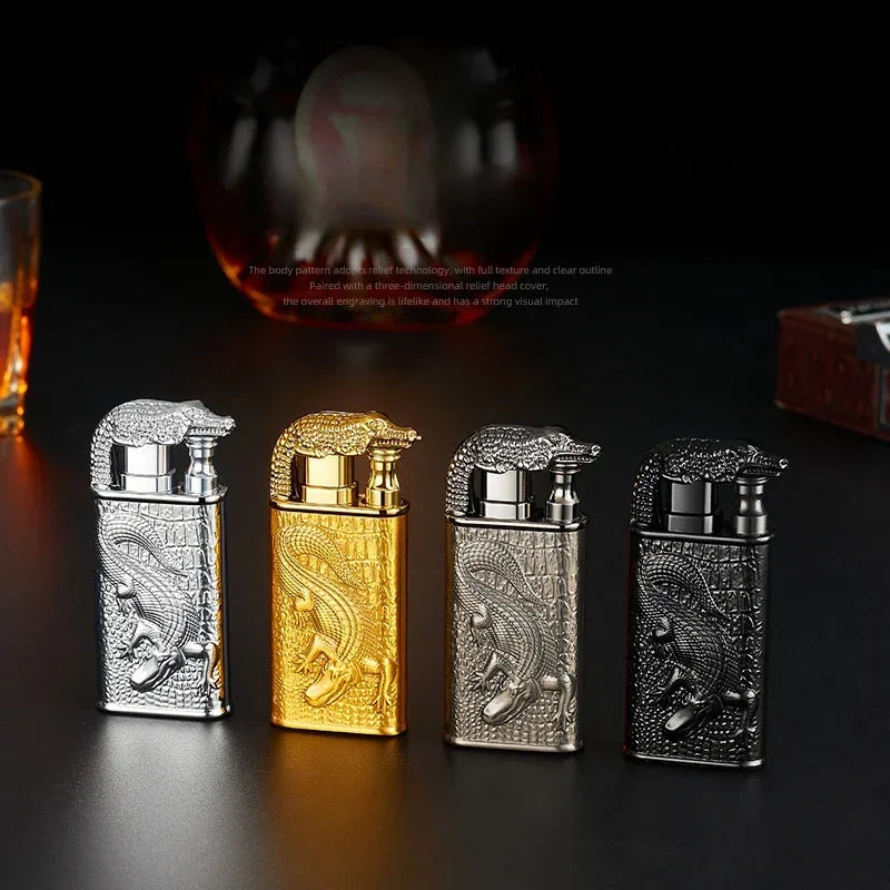 Creative Embossed Shenlong Double Fire Gas Lighter Metal, Flame Spray Tool, Cigarette Lighter, Trendy and Fashionable Men,