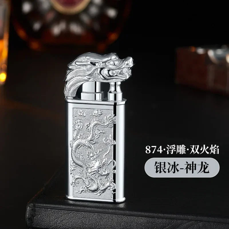 Creative Embossed Shenlong Double Fire Gas Lighter Metal, Flame Spray Tool, Cigarette Lighter, Trendy and Fashionable Men,