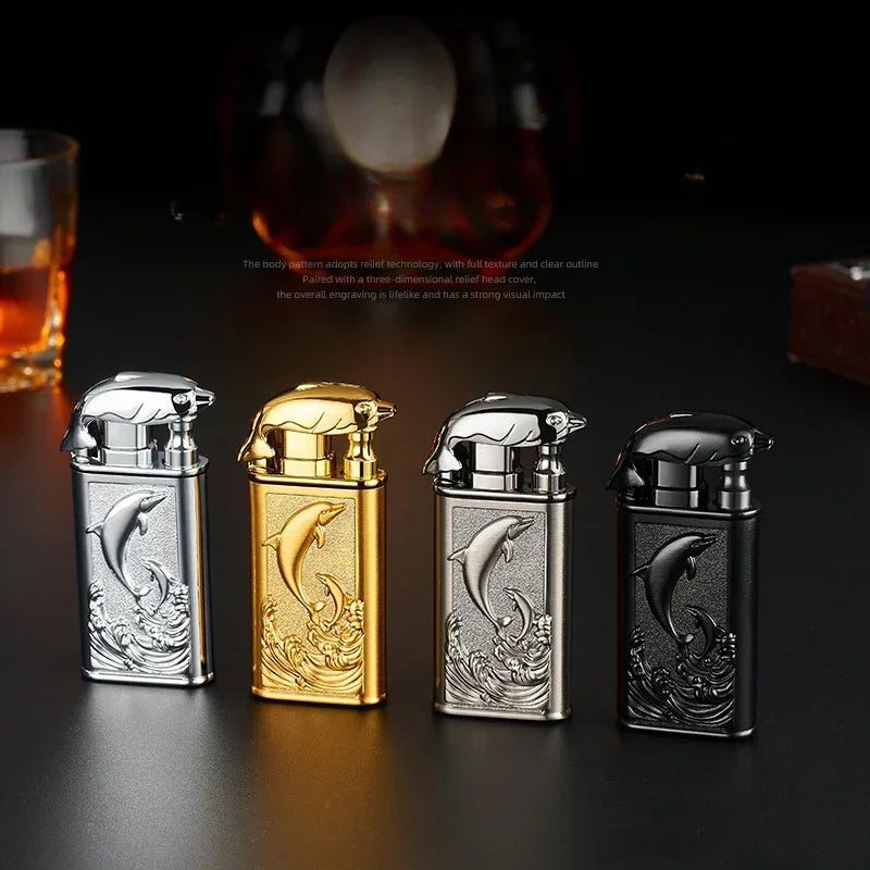 Creative Embossed Shenlong Double Fire Gas Lighter Metal, Flame Spray Tool, Cigarette Lighter, Trendy and Fashionable Men,