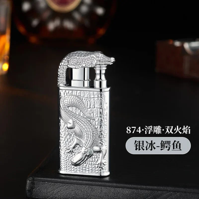Creative Embossed Shenlong Double Fire Gas Lighter Metal, Flame Spray Tool, Cigarette Lighter, Trendy and Fashionable Men,
