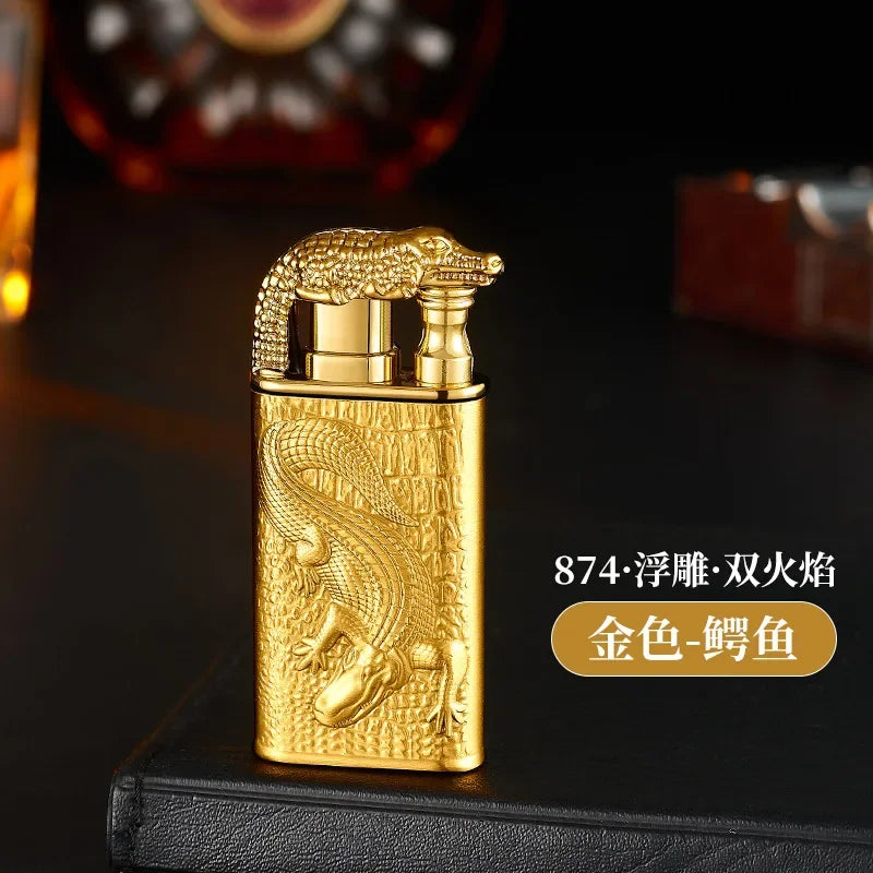 Creative Embossed Shenlong Double Fire Gas Lighter Metal, Flame Spray Tool, Cigarette Lighter, Trendy and Fashionable Men,
