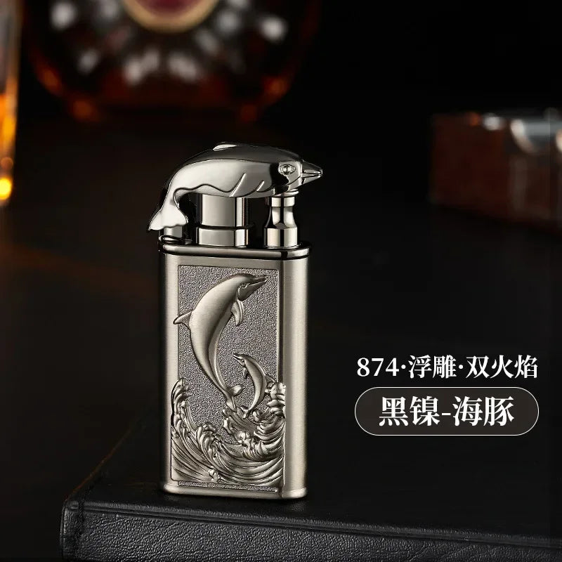 Creative Embossed Shenlong Double Fire Gas Lighter Metal, Flame Spray Tool, Cigarette Lighter, Trendy and Fashionable Men,