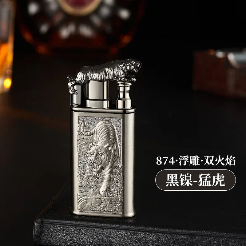Creative Embossed Shenlong Double Fire Gas Lighter Metal, Flame Spray Tool, Cigarette Lighter, Trendy and Fashionable Men,