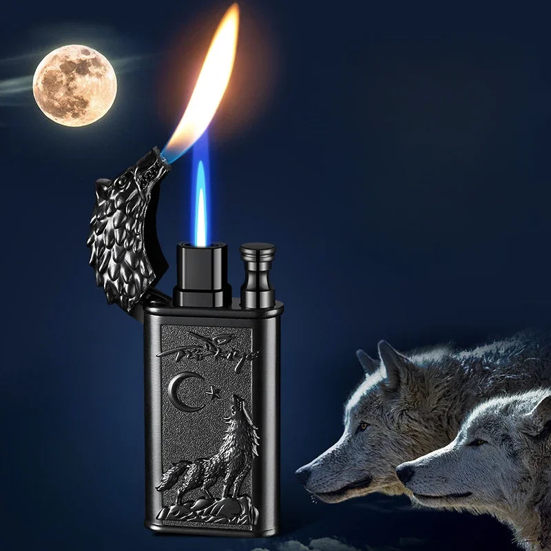 Creative Embossed Shenlong Double Fire Gas Lighter Metal, Flame Spray Tool, Cigarette Lighter, Trendy and Fashionable Men,