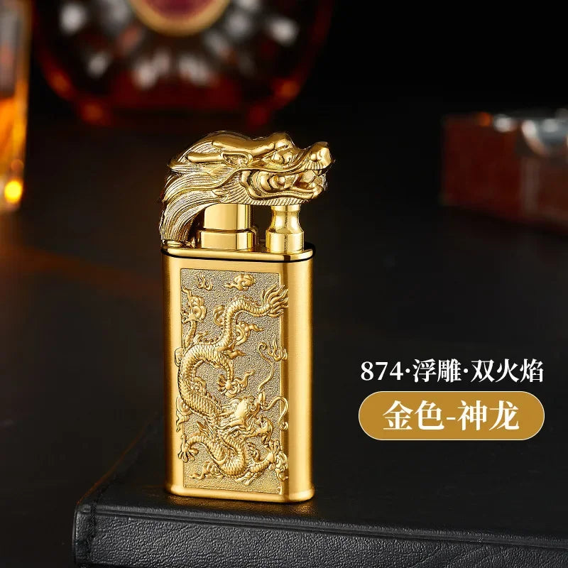 Creative Embossed Shenlong Double Fire Gas Lighter Metal, Flame Spray Tool, Cigarette Lighter, Trendy and Fashionable Men,