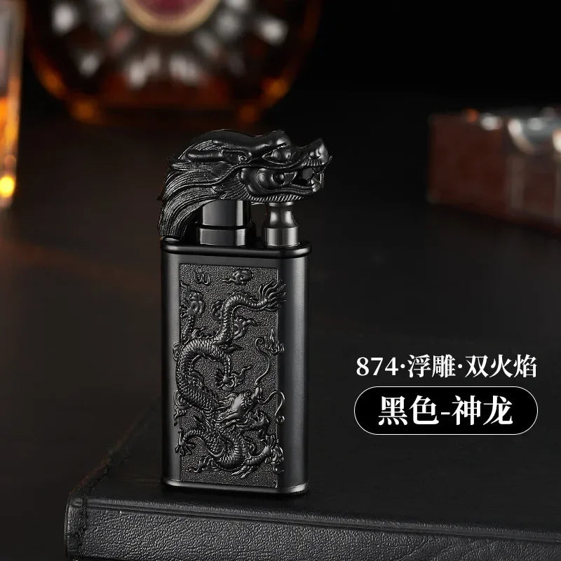 Creative Embossed Shenlong Double Fire Gas Lighter Metal, Flame Spray Tool, Cigarette Lighter, Trendy and Fashionable Men,