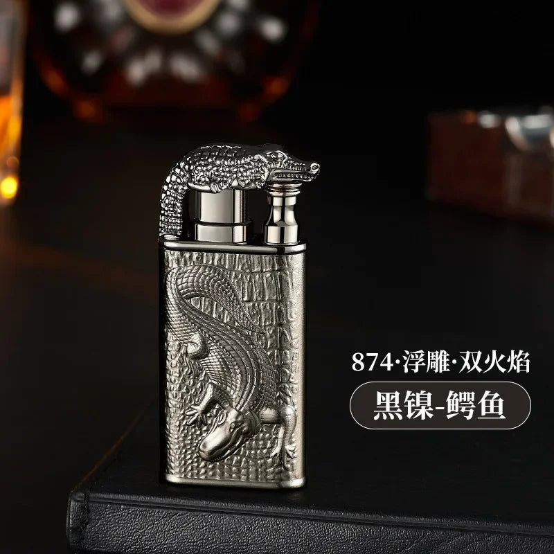 Creative Embossed Shenlong Double Fire Gas Lighter Metal, Flame Spray Tool, Cigarette Lighter, Trendy and Fashionable Men,