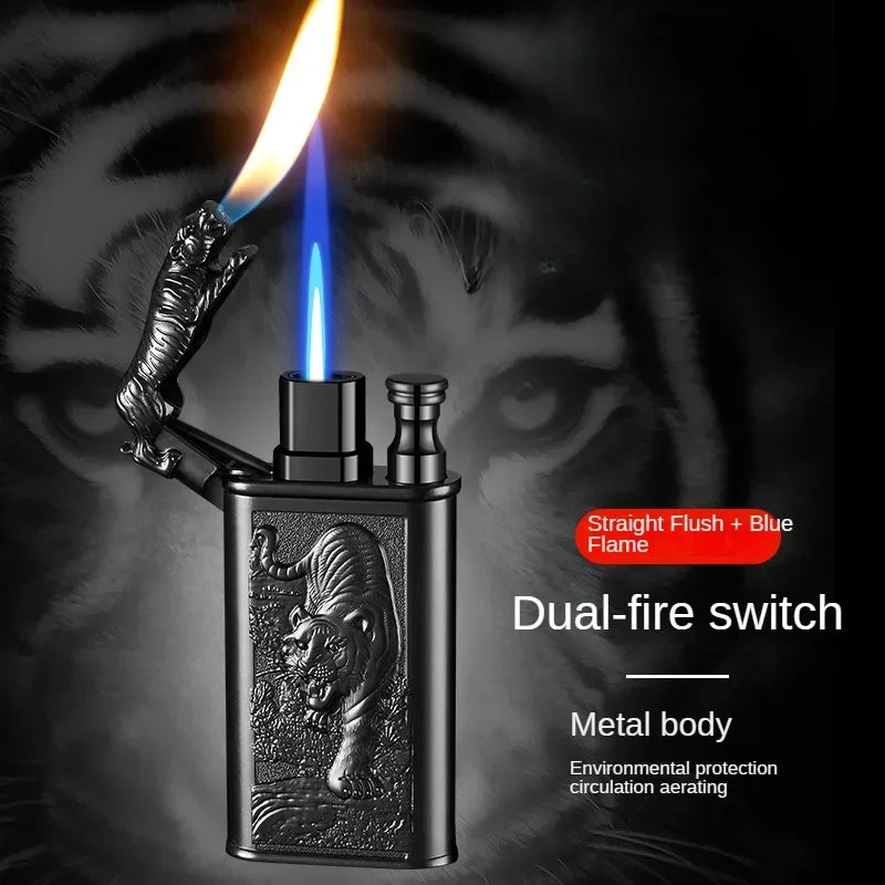 Creative Embossed Shenlong Double Fire Gas Lighter Metal, Flame Spray Tool, Cigarette Lighter, Trendy and Fashionable Men,