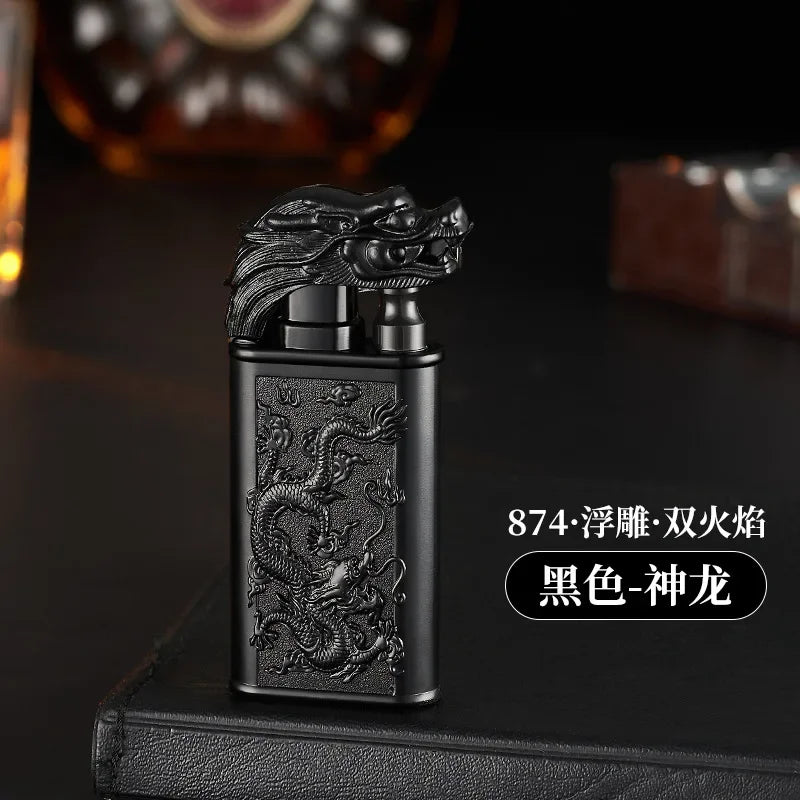 Creative Embossed Shenlong Double Fire Gas Lighter Metal, Flame Spray Tool, Cigarette Lighter, Trendy and Fashionable Men,