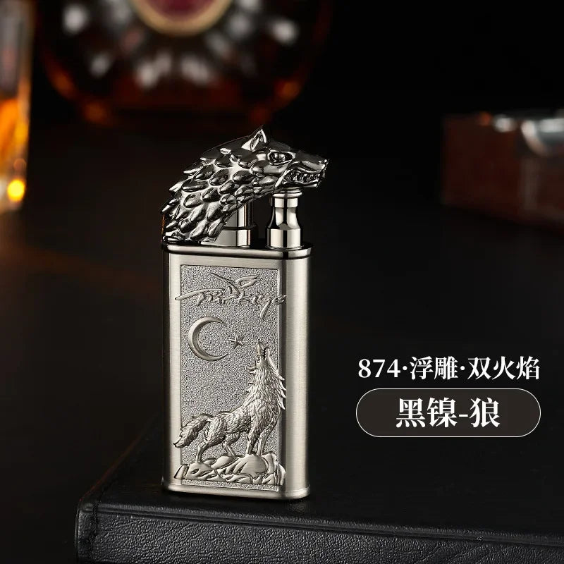 Creative Embossed Shenlong Double Fire Gas Lighter Metal, Flame Spray Tool, Cigarette Lighter, Trendy and Fashionable Men,